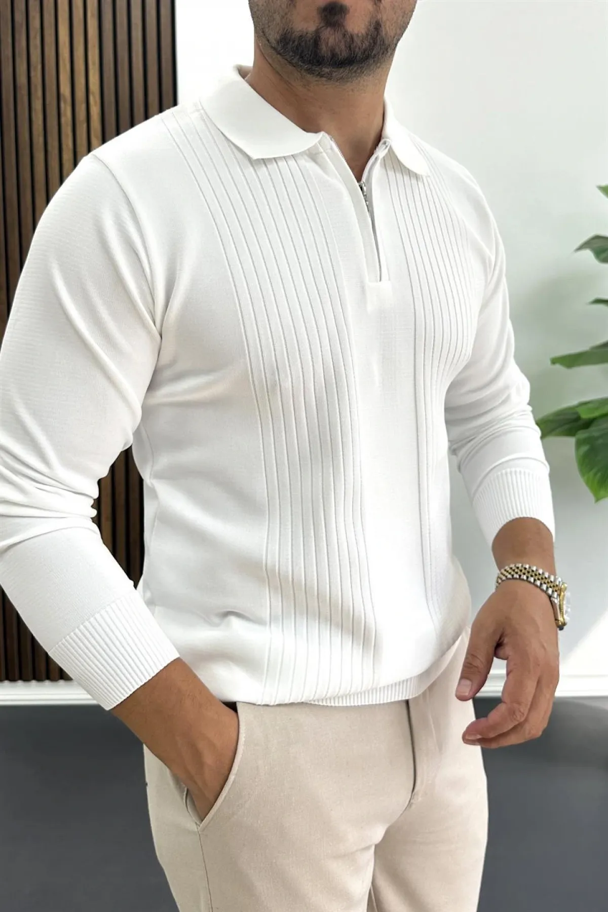 Erkek Çizgi Desenli Normal Kalıp Kazak Beyaz Edw422