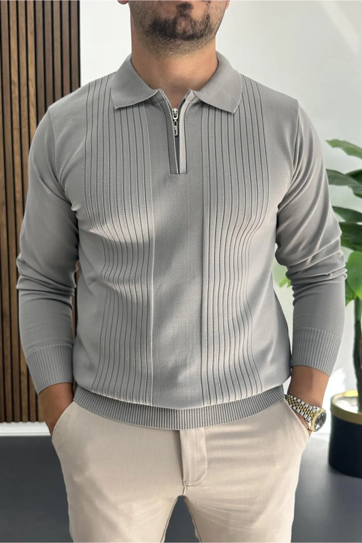 Erkek Çizgi Desenli Normal Kalıp Kazak Gri Edw422