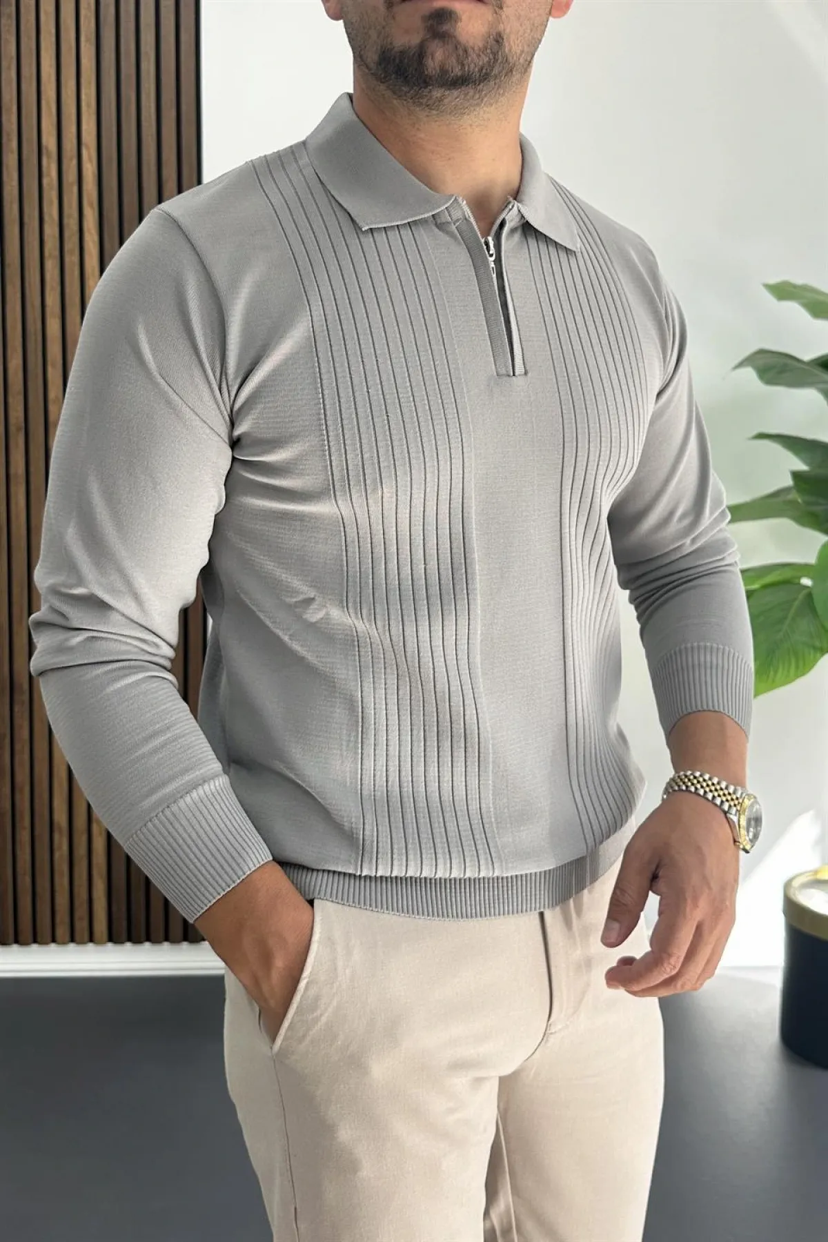 Erkek Çizgi Desenli Normal Kalıp Kazak Gri Edw422