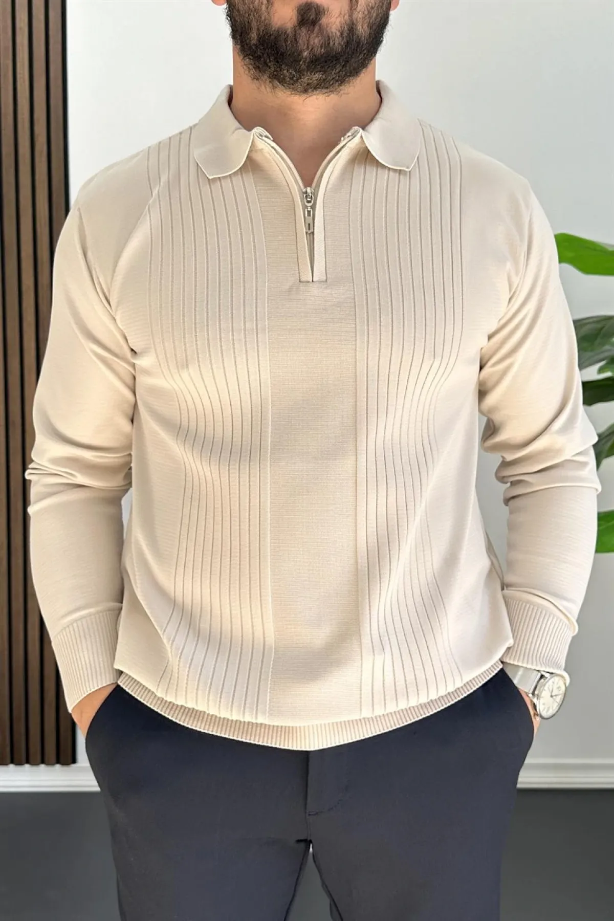 Erkek Çizgi Desenli Normal Kalıp Kazak Krem Edw422