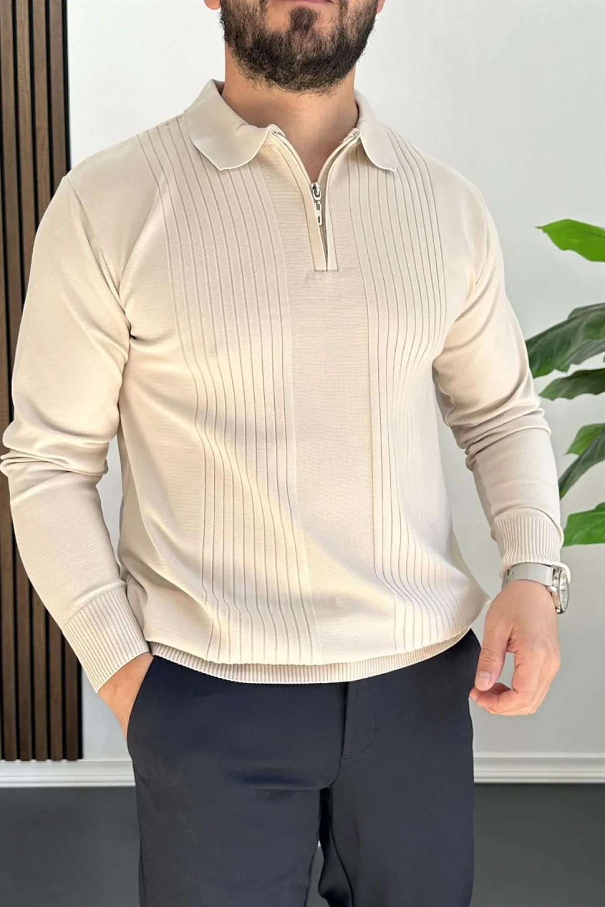 Erkek Çizgi Desenli Normal Kalıp Kazak Krem Edw422