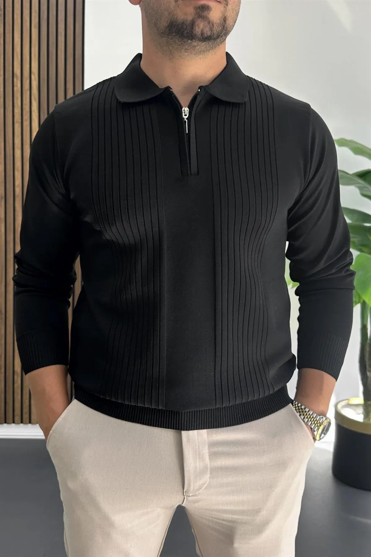 Erkek Çizgi Desenli Normal Kalıp Kazak Siyah Edw422