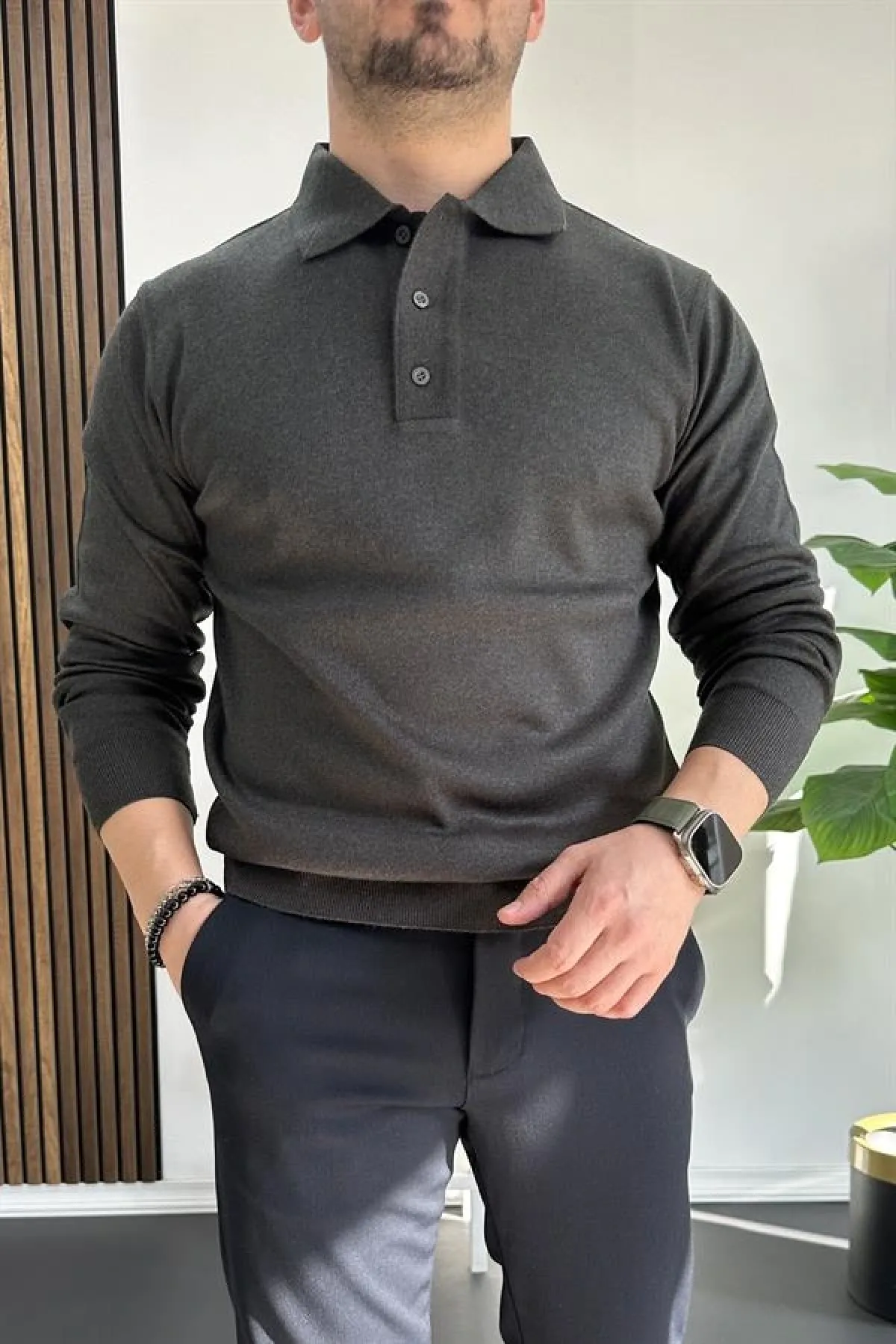 Erkek Düğmeli Polo Yaka Kazak Antrasit Edw231