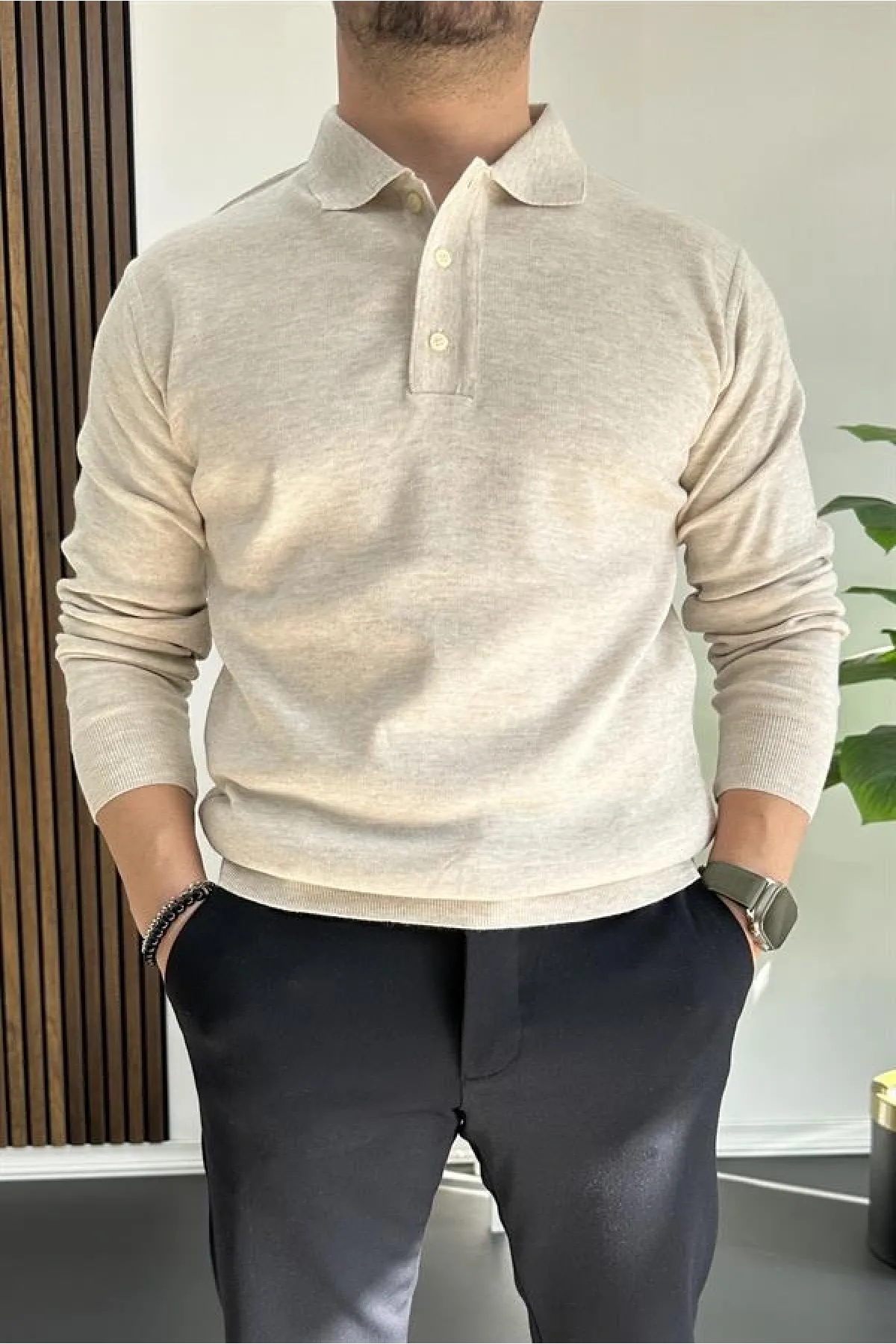 Erkek Düğmeli Polo Yaka Kazak Bej Edw231