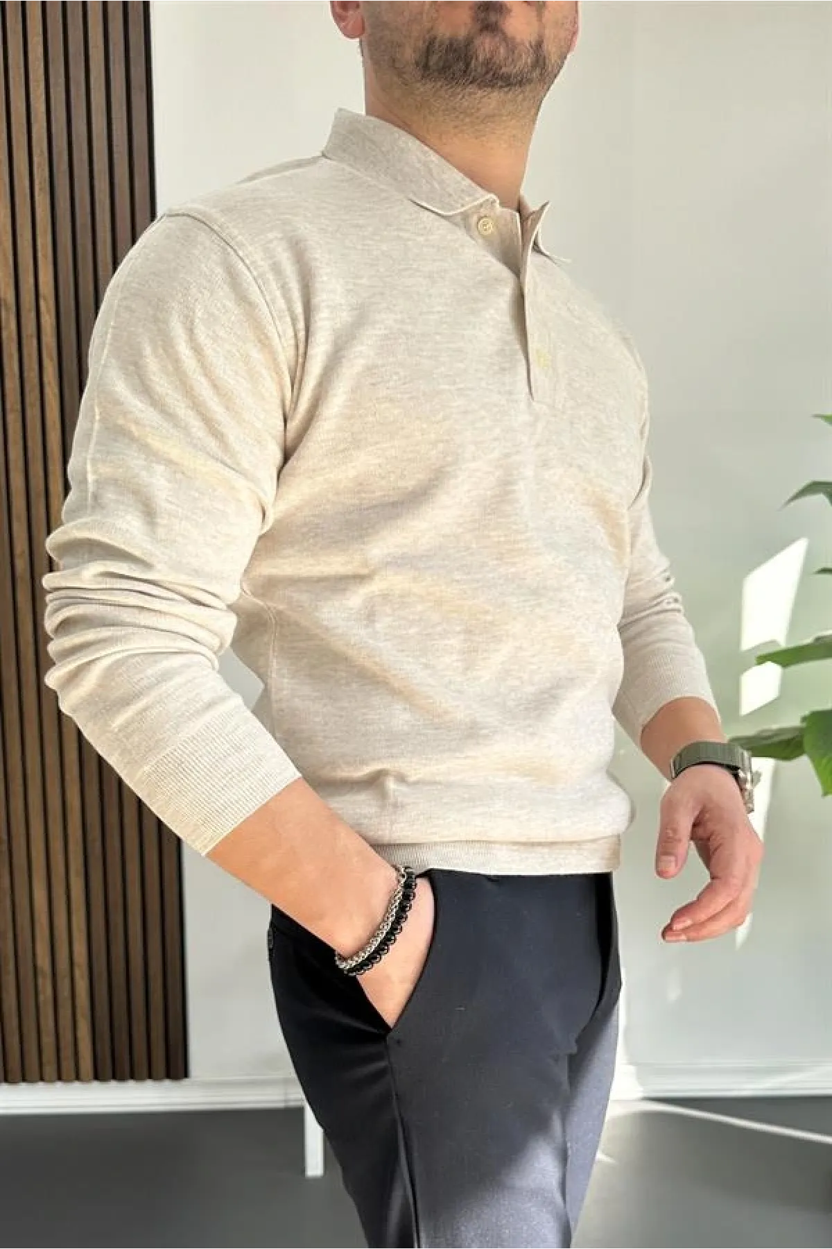 Erkek Düğmeli Polo Yaka Kazak Bej Edw231