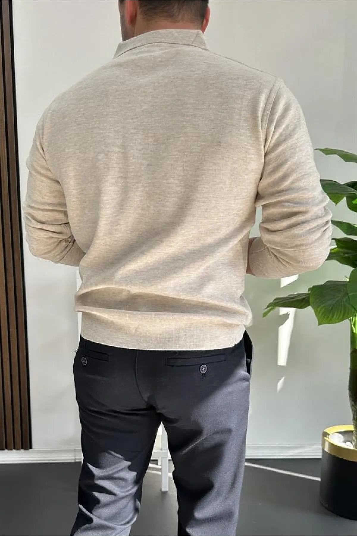 Erkek Düğmeli Polo Yaka Kazak Bej Edw231