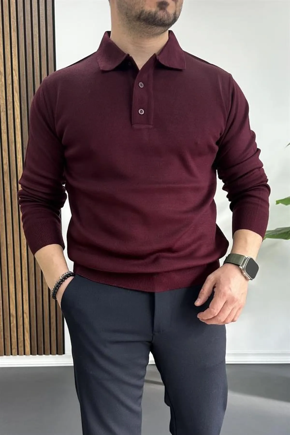 Erkek Düğmeli Polo Yaka Kazak Bordo Edw231