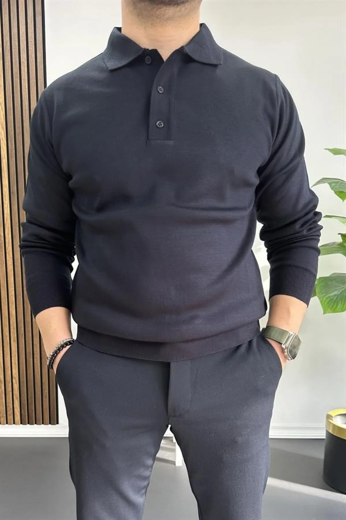 Erkek Düğmeli Polo Yaka Kazak Lacivert Edw231