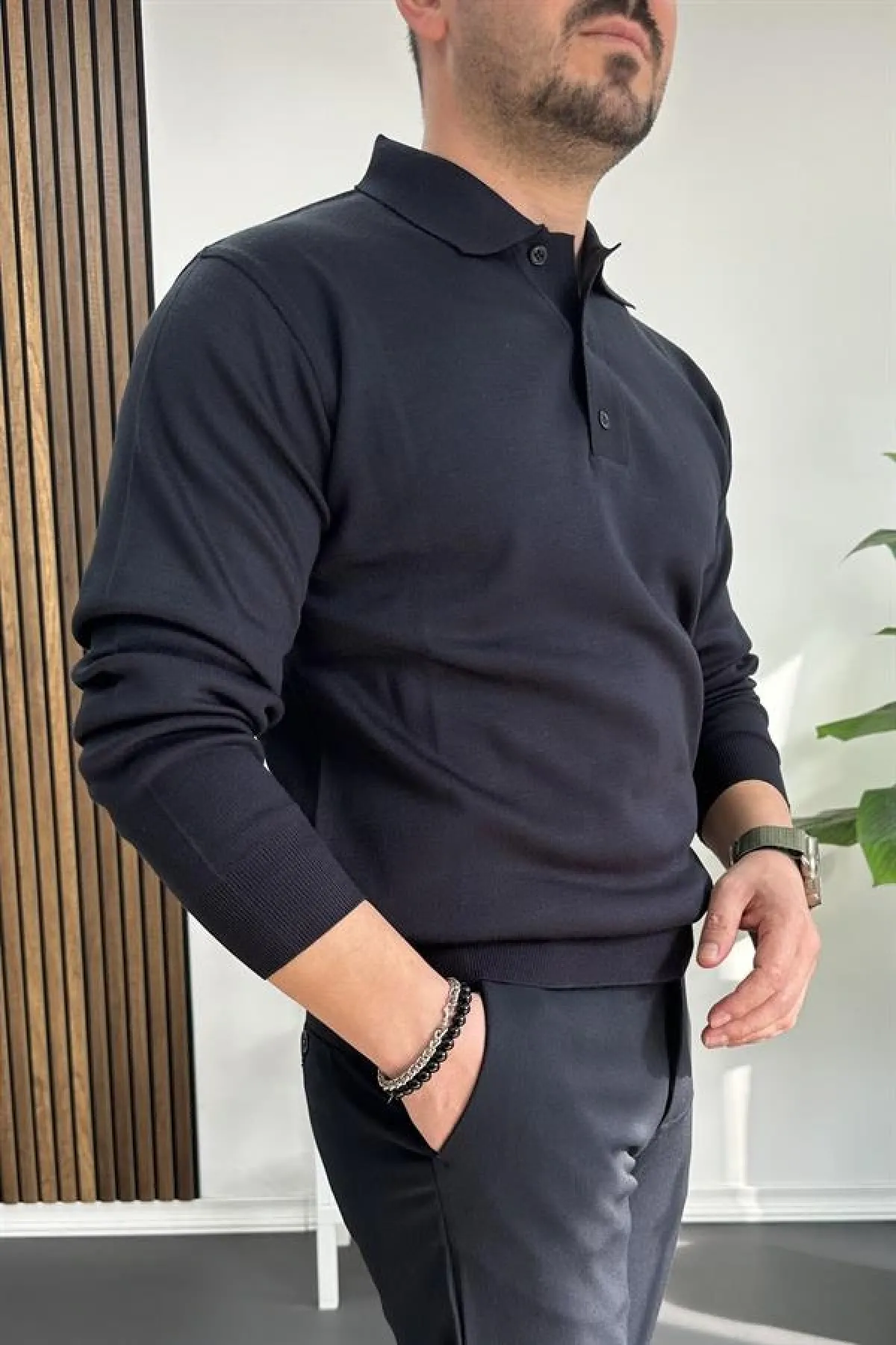 Erkek Düğmeli Polo Yaka Kazak Lacivert Edw231