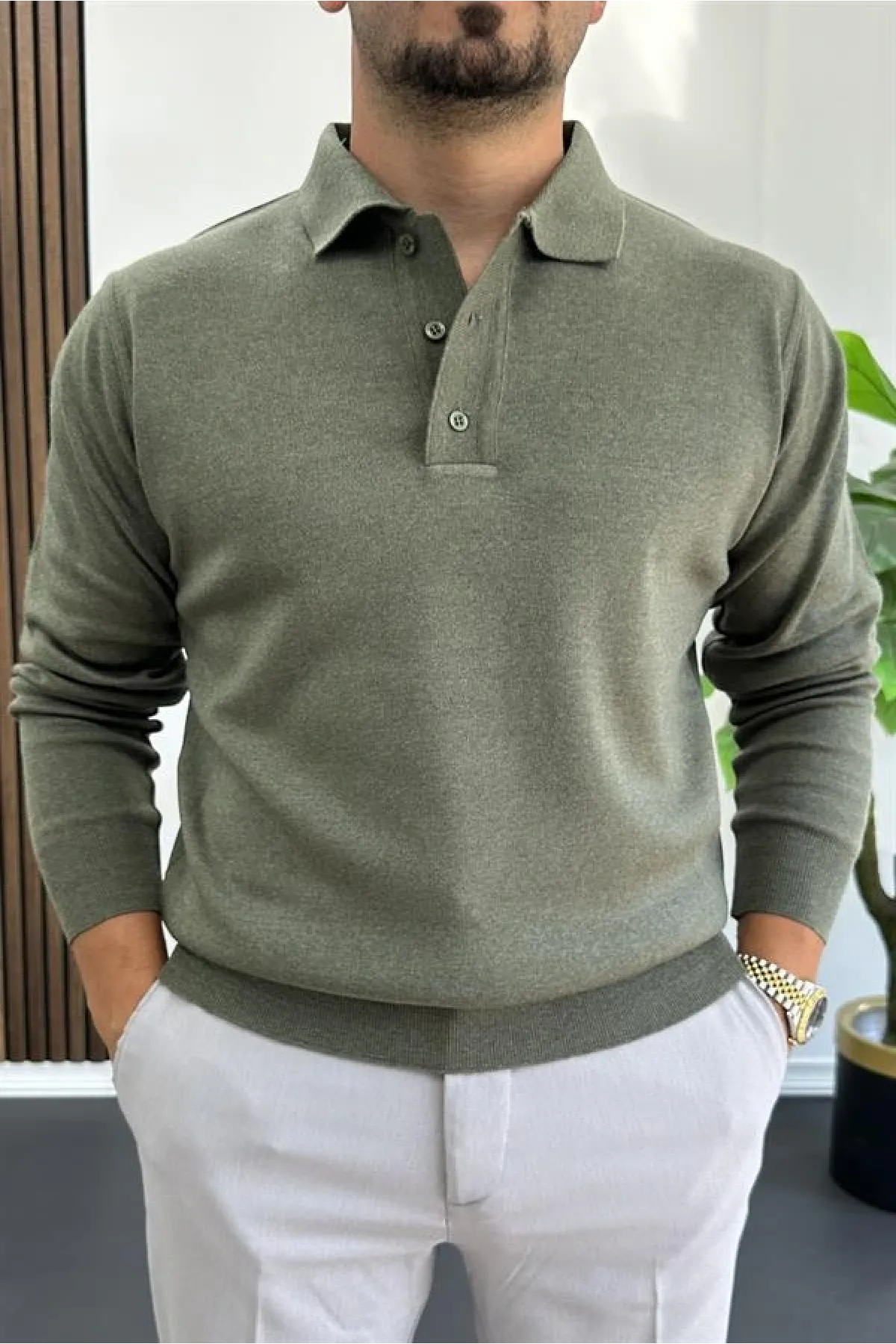 Erkek Düğmeli Polo Yaka Kazak Yeşil Edw231