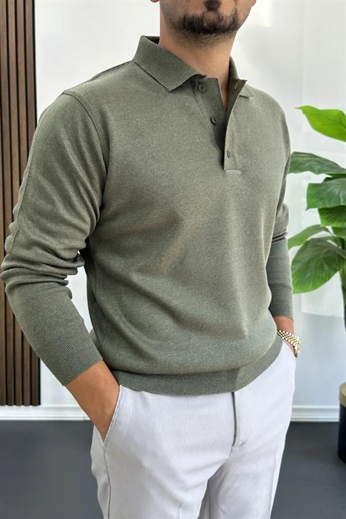 Erkek Düğmeli Polo Yaka Kazak Yeşil Edw231