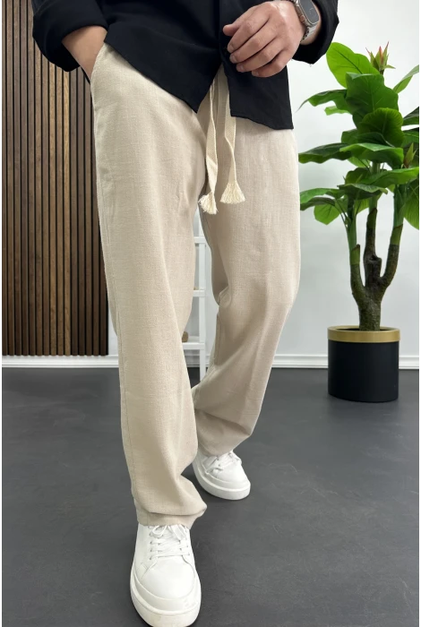 Erkek Pamuklu Keten Görünümlü Pantolon Bej Edw443