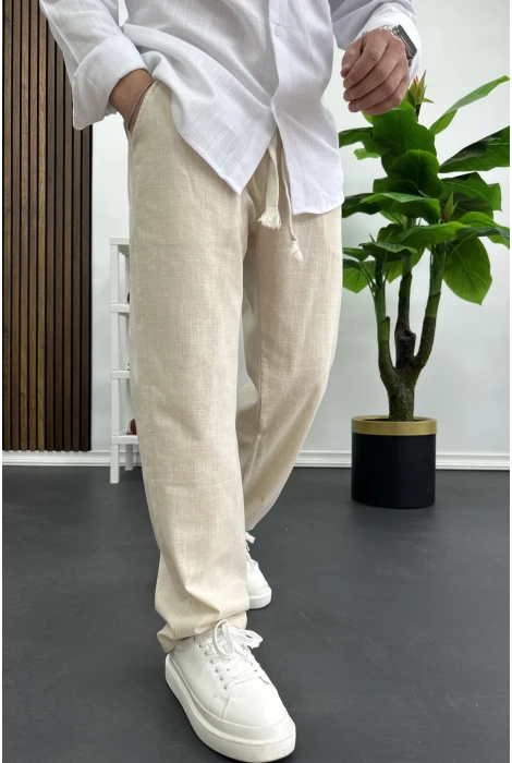 Erkek Pamuklu Keten Görünümlü Pantolon Krem Edw443