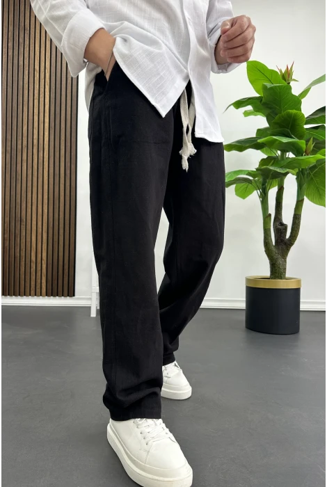 Erkek Pamuklu Keten Görünümlü Pantolon Siyah Edw443