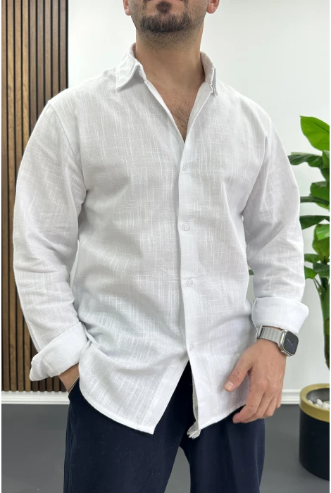 Erkek Pamuklu Keten Görünümlü Gömlek Beyaz Edw444