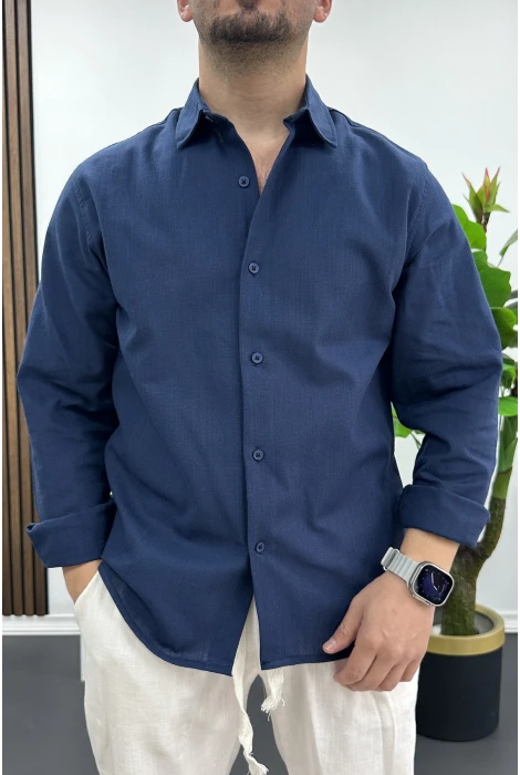 Erkek Pamuklu Keten Görünümlü Gömlek Lacivert Edw444