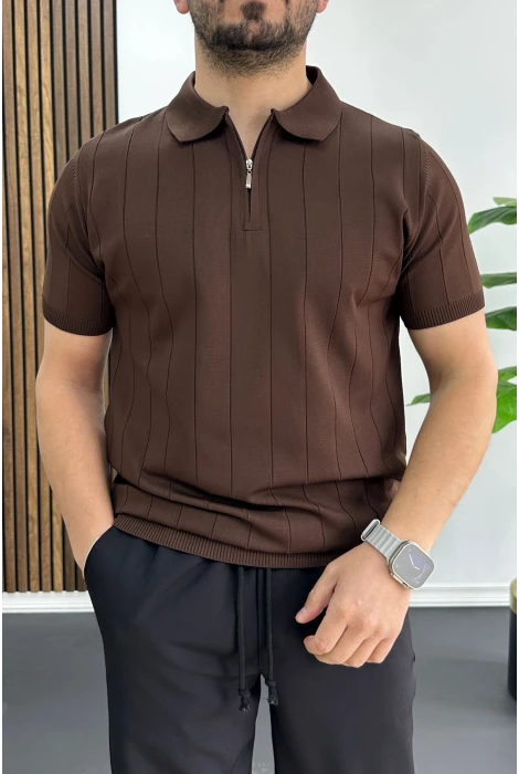 Erkek Slim Fit Fermuarlı Polo Yaka Tişört Kahverengi Edw452