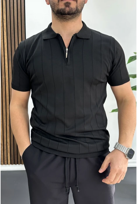 Erkek Slim Fit Fermuarlı Polo Yaka Tişört Siyah Edw452