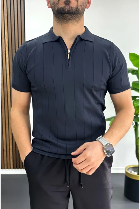 Erkek Slim Fit Fermuarlı Polo Yaka Tişört Lacivert Edw452