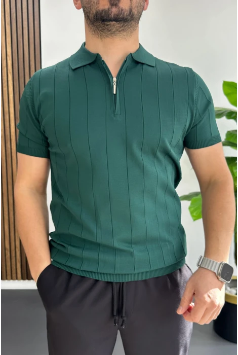 Erkek Slim Fit Fermuarlı Polo Yaka Tişört Yeşil Edw452
