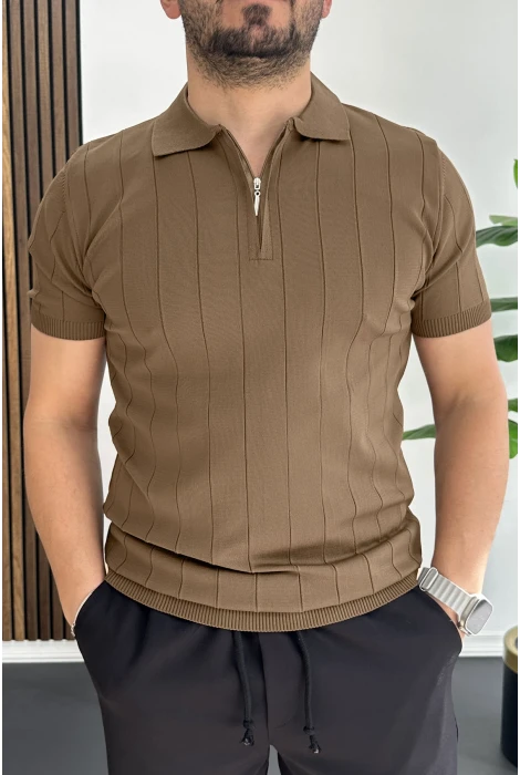 Erkek Slim Fit Fermuarlı Polo Yaka Tişört Açık Kahve Edw452