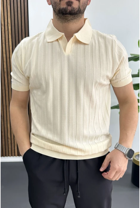 Erkek Açık Yaka Desenli Tişört Krem Edw453