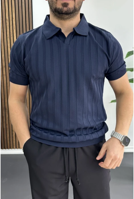 Erkek Açık Yaka Desenli Tişört Lacivert Edw453