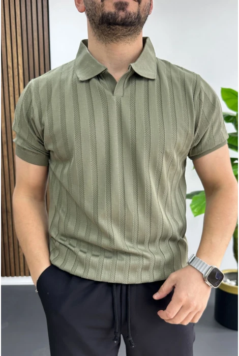 Erkek Açık Yaka Desenli Tişört Açık Yeşil Edw453