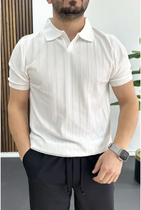 Erkek Açık Yaka Desenli Tişört Beyaz Edw453