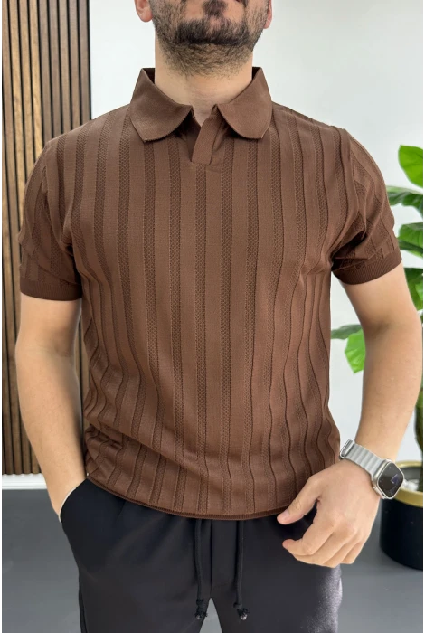 Erkek Açık Yaka Desenli Tişört Kahverengi Edw453