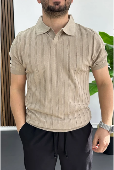 Erkek Açık Yaka Desenli Tişört Vizon Edw453