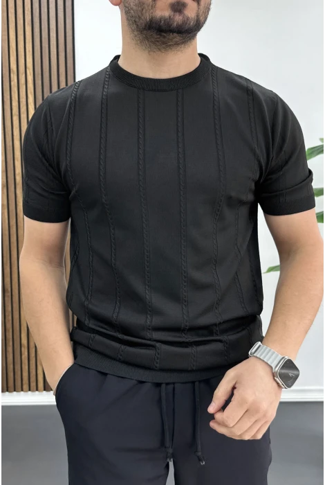 Erkek Bisiklet Yaka Desenli Tişört Siyah Edw454