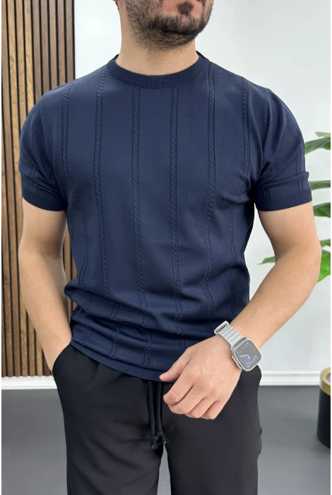 Erkek Bisiklet Yaka Desenli Tişört Lacivert Edw454