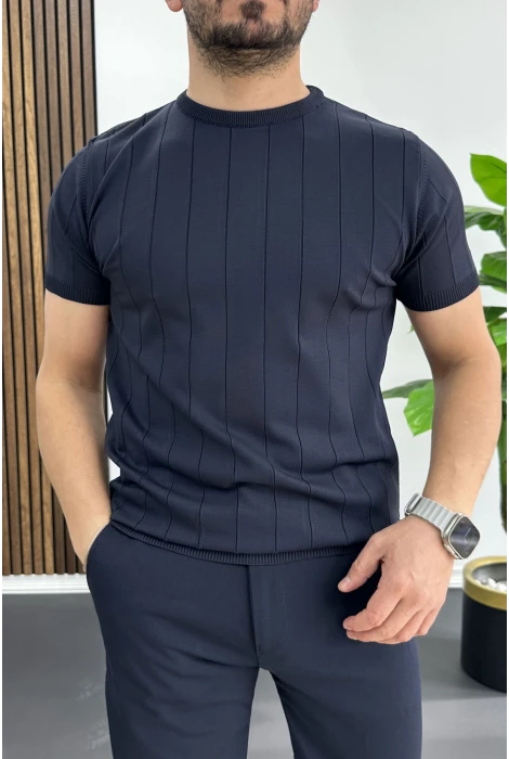 Erkek Bisiklet Yaka Çizgili Tişört Lacivert Edw456