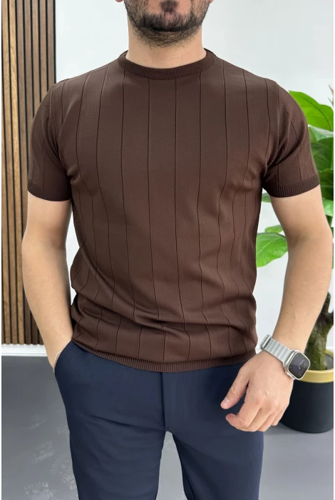 Erkek Bisiklet Yaka Çizgili Tişört Kahverengi Edw456