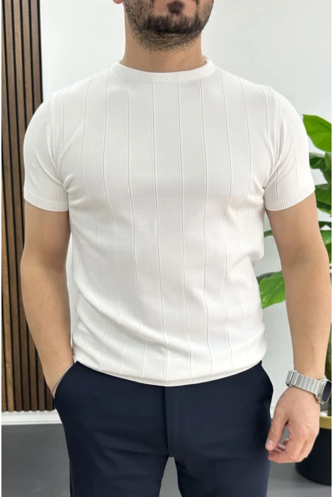 Erkek Bisiklet Yaka Çizgili Tişört Beyaz Edw456