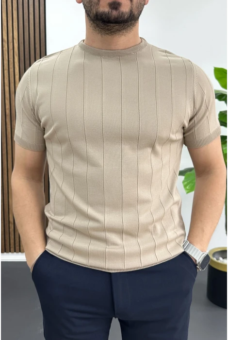 Erkek Bisiklet Yaka Çizgili Tişört Vizon Edw456