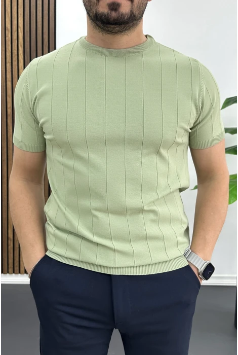 Erkek Bisiklet Yaka Çizgili Tişört Açık Yeşil Edw456