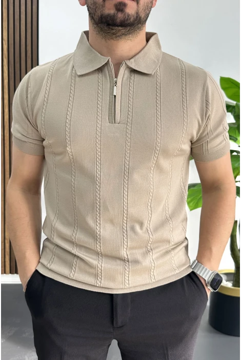 Erkek Desenli Polo Yaka Tişört Vizon Edw457