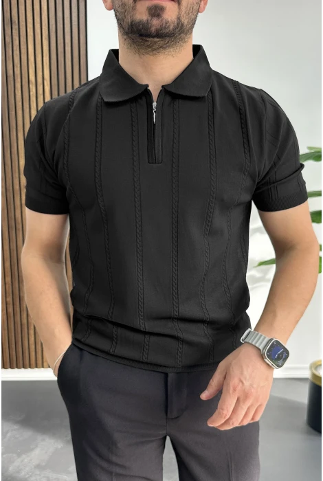 Erkek Desenli Polo Yaka Tişört Siyah Edw457