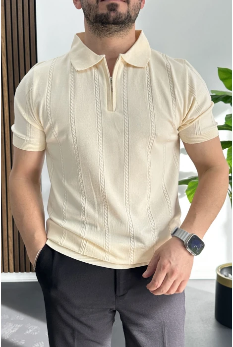Erkek Desenli Polo Yaka Tişört Krem Edw457