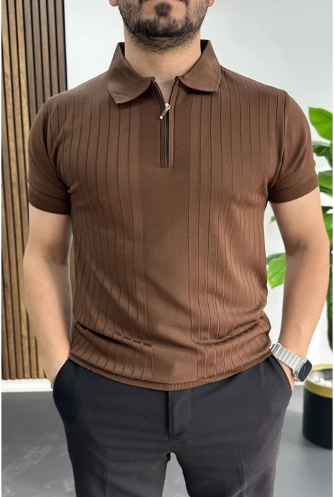 Erkek Çizgi Desenli Polo Yaka Kahverengi Edw458