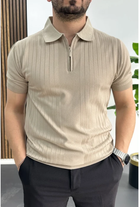 Erkek Çizgi Desenli Polo Yaka Vizon Edw458