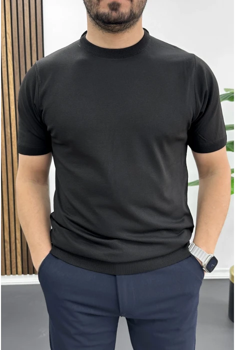 Erkek Düz Desen Bisiklet Yaka Tişört Siyah Edw459