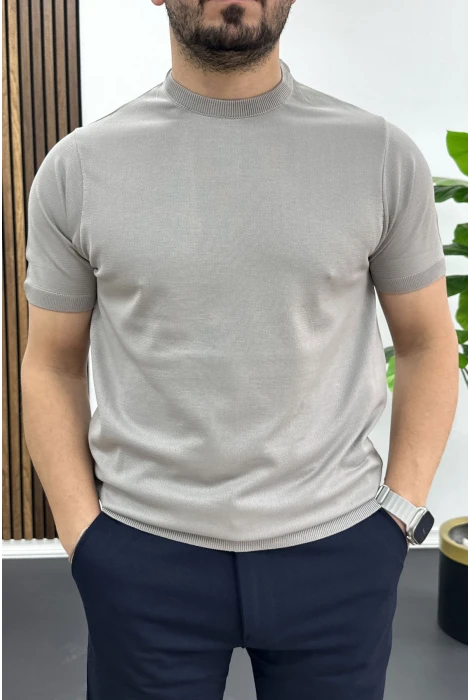 Erkek Düz Desen Bisiklet Yaka Tişört Gri Edw459