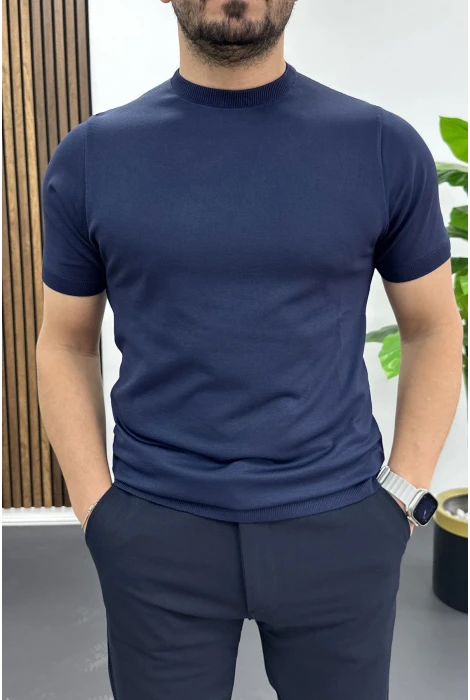 Erkek Düz Desen Bisiklet Yaka Tişört Lacivert Edw459