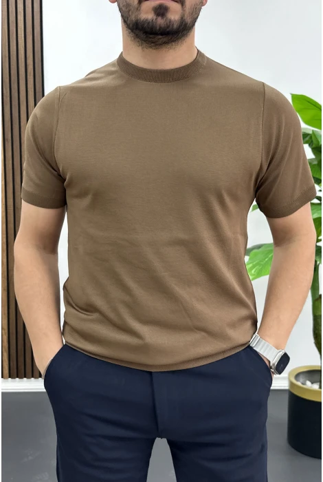 Erkek Düz Desen Bisiklet Yaka Tişört Açık Kahverengi Edw459