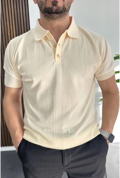 Erkek Desenli Polo Yaka Tişört Krem Edw460