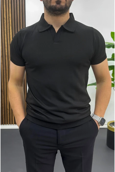 Erkek Açık Yaka Düz Tişört Siyah Edw461