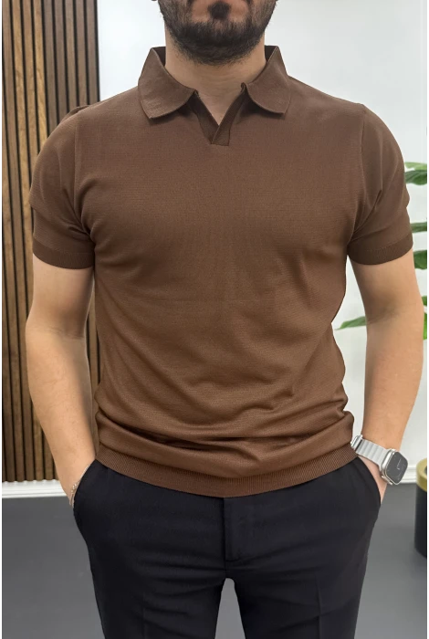 Erkek Açık Yaka Düz Tişört Kahverengi Edw461